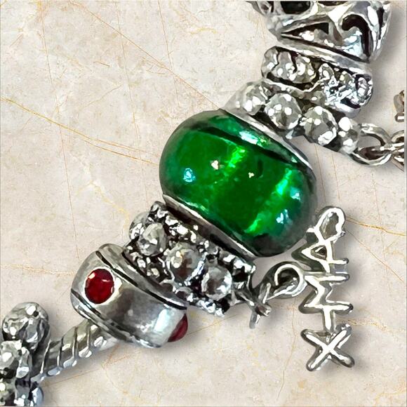 Silver-tone Christmas Charm Bracelet Holiday European Style Slider Glass Beads - Picture 8 of 11